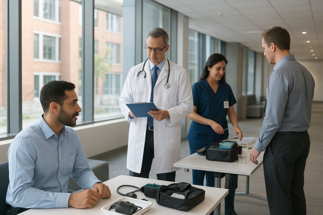 An AI photo of a corporate medical team setting up for on-site employment medicals in a modern London office building