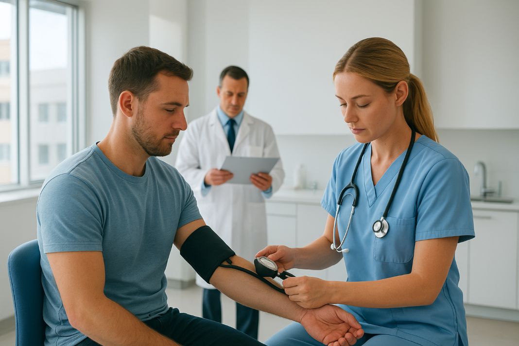 An AI photo of an employment medical taking place in a private clinic in London
