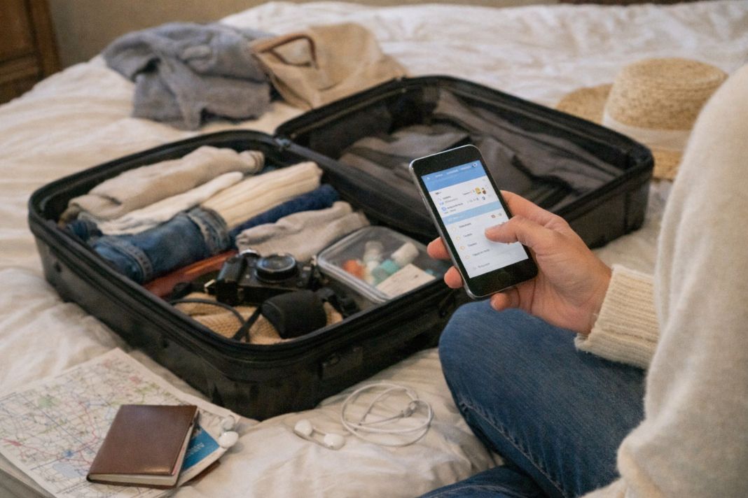 An illustrative photo of a person checking online about travel vaccine advice whilst packing their suitcase An illustrative photo of a person checking online about travel vaccine advice whilst packing their suitcase