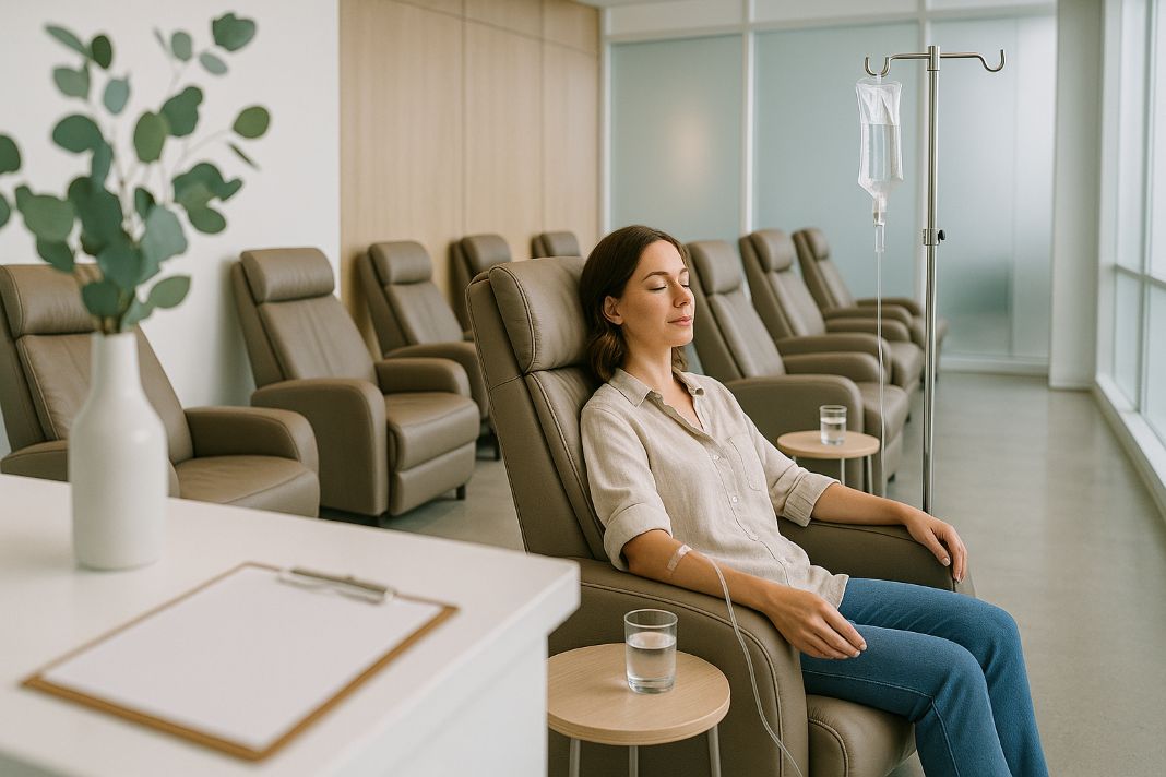 An AI image of an IV Infusion patient, mid-drip, at Future Care Medical Clinic in London